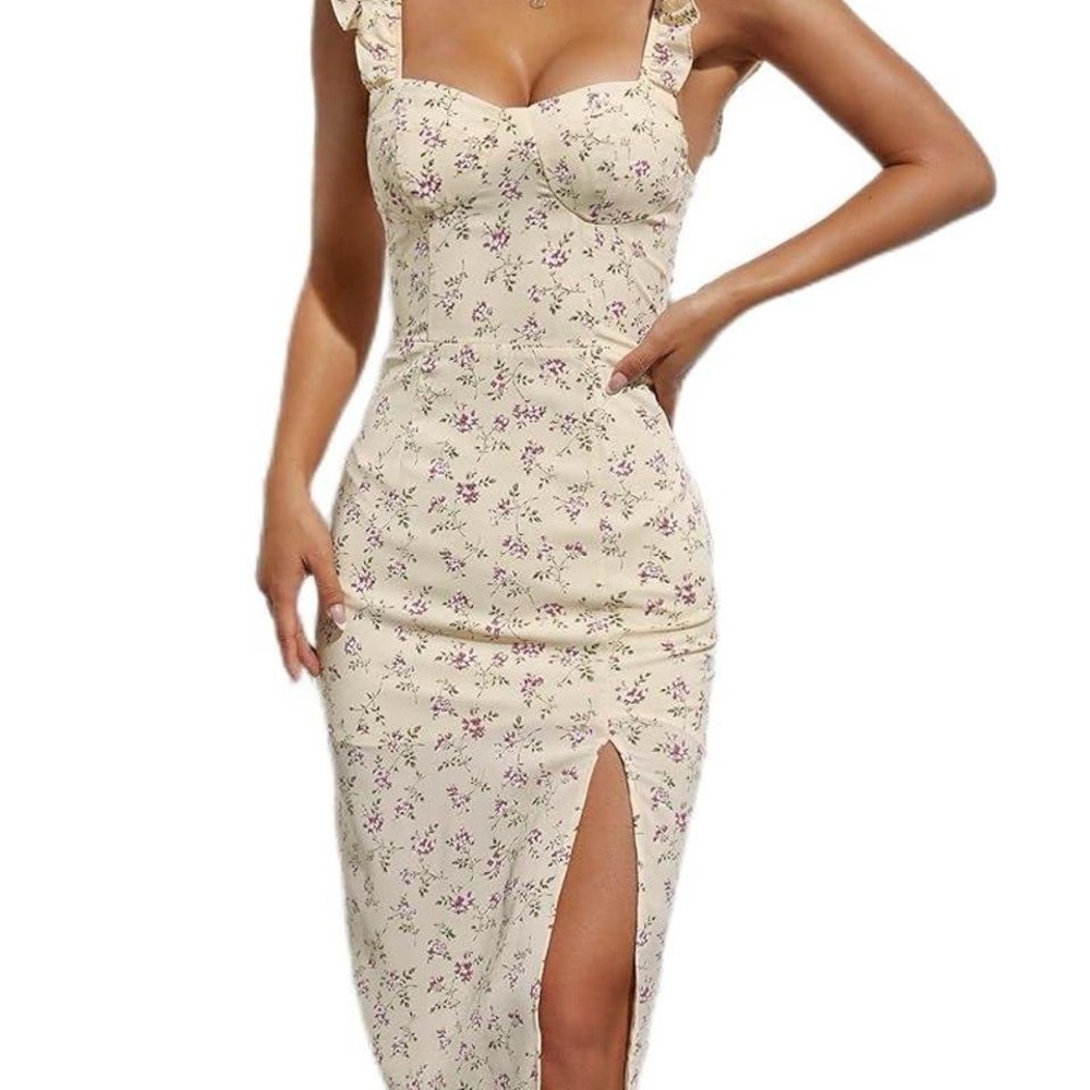 SHEIN Cream Floral Midi Dress with Ruffle Straps